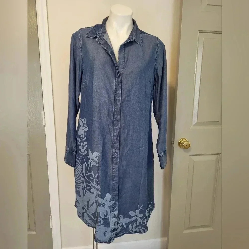 Soft Surroundings Brise Florale Floral Blue Chambray Tencel Shirt Dress(M)